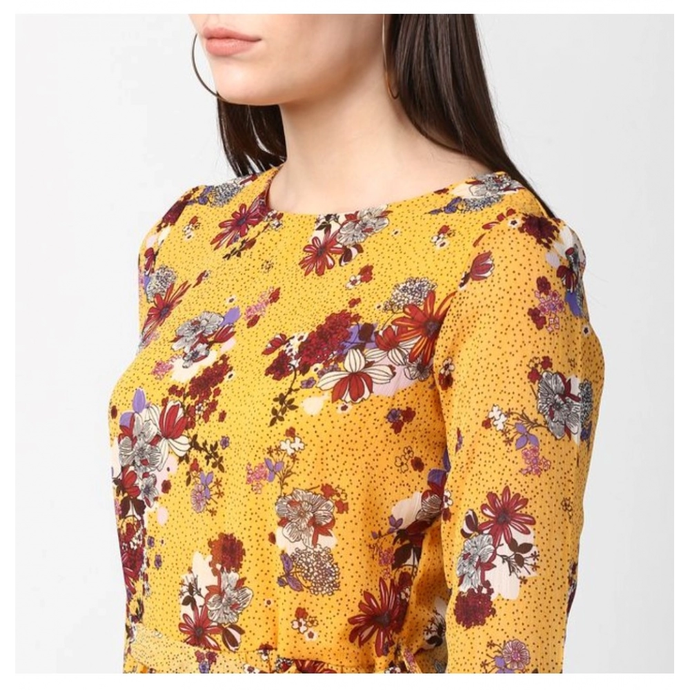 Polyester Floral Long Sleeves Calf-length Dress (Yellow) - Image 2