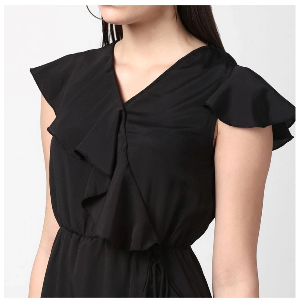 Polyester Ruffled Cap Sleeve Knee-Length Dress (Black) - Image 2