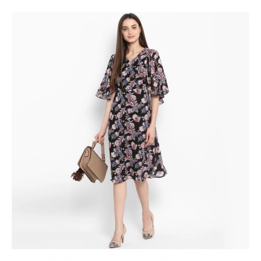 Polyester Floral Short Sleeve Knee-Length Dress (Black - Multicolor) - Image 6