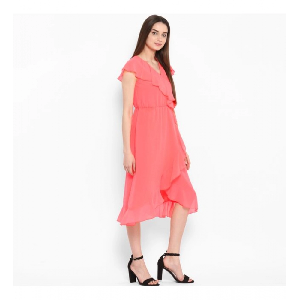 Polyester Ruffled Cap Sleeve Below Knee Dress (Coral Pink) - Image 4