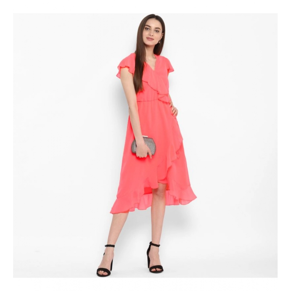 Polyester Ruffled Cap Sleeve Below Knee Dress (Coral Pink) - Image 6