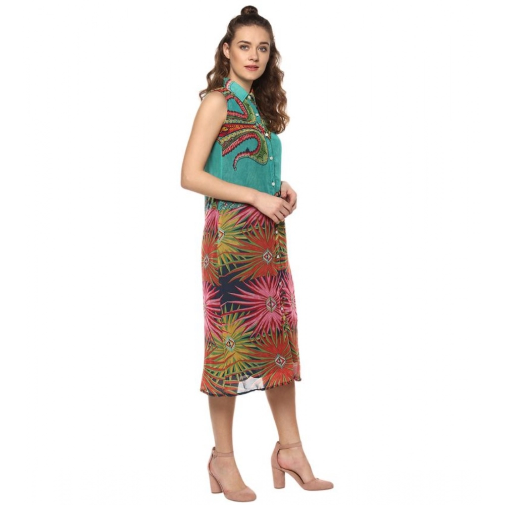 Polyester Floral Sleeveless Below Knee Dress (Multicolor) - Image 4