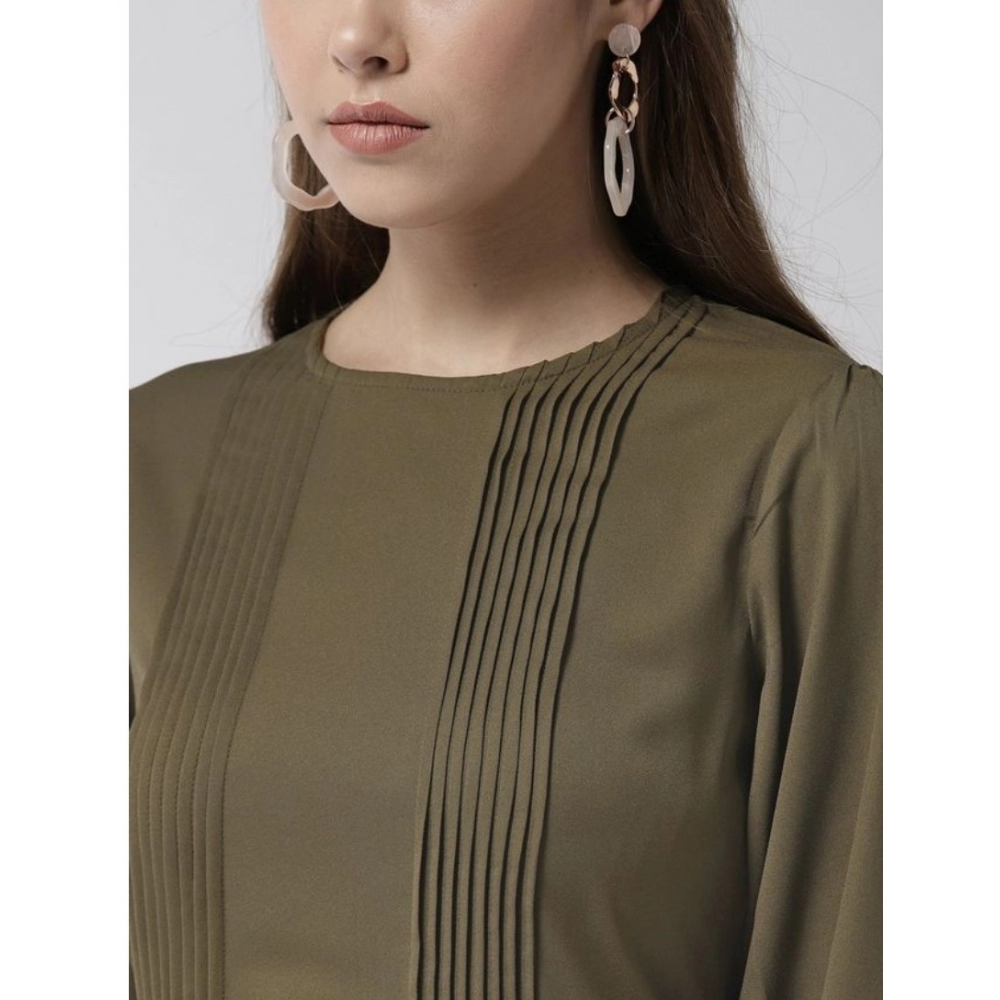 Polyester Pintuck Long Sleeves Below Knee Dress (Olive) - Image 2