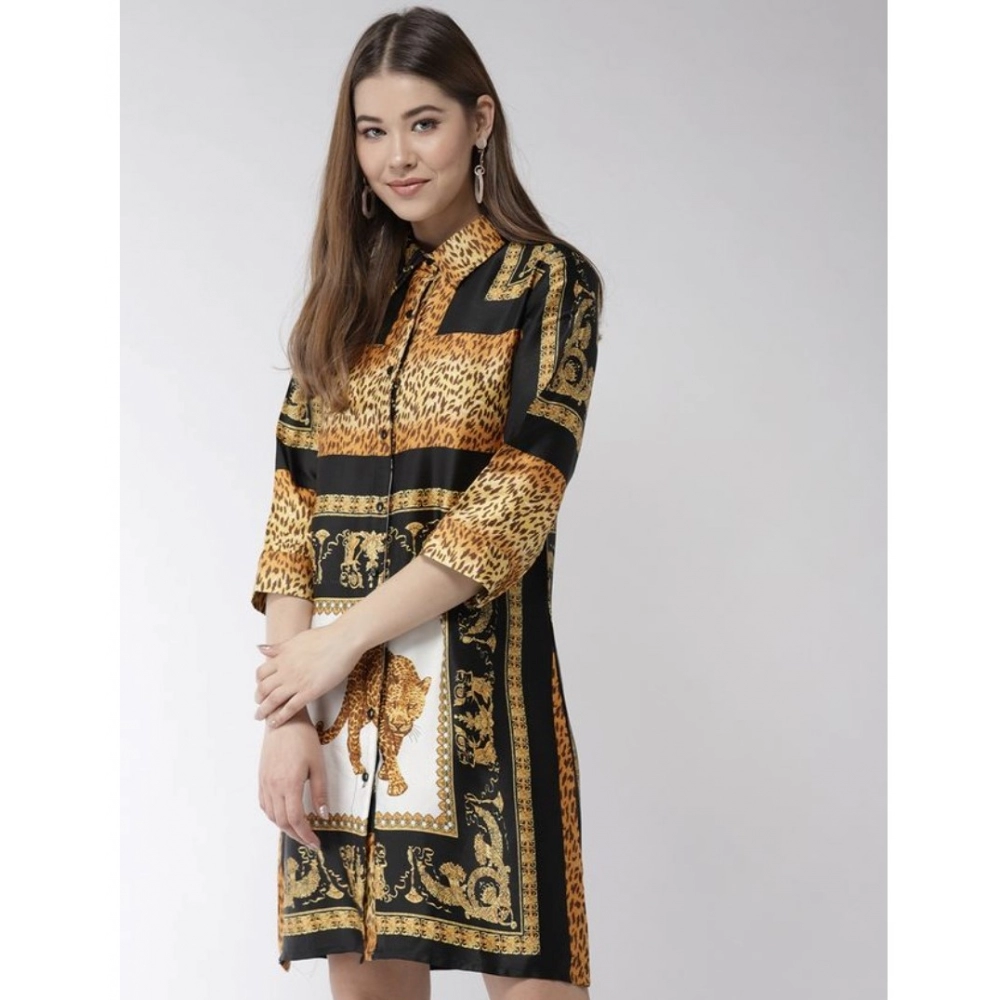 Satin Animal Print 3-4th Sleeves Above Knee Dress (White - Orange) - Image 5