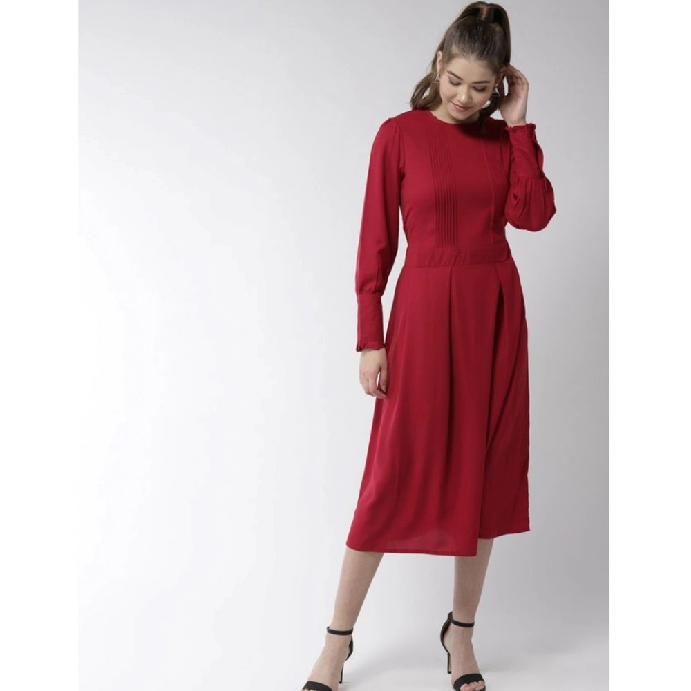 Polyester Pintuck Long Sleeves Below Knee Dress (Red) - Image 5