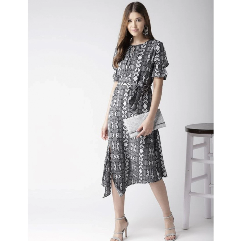 Polyester Animal Print Short Sleeve Knee-Length Dress (Black - White) - Image 3