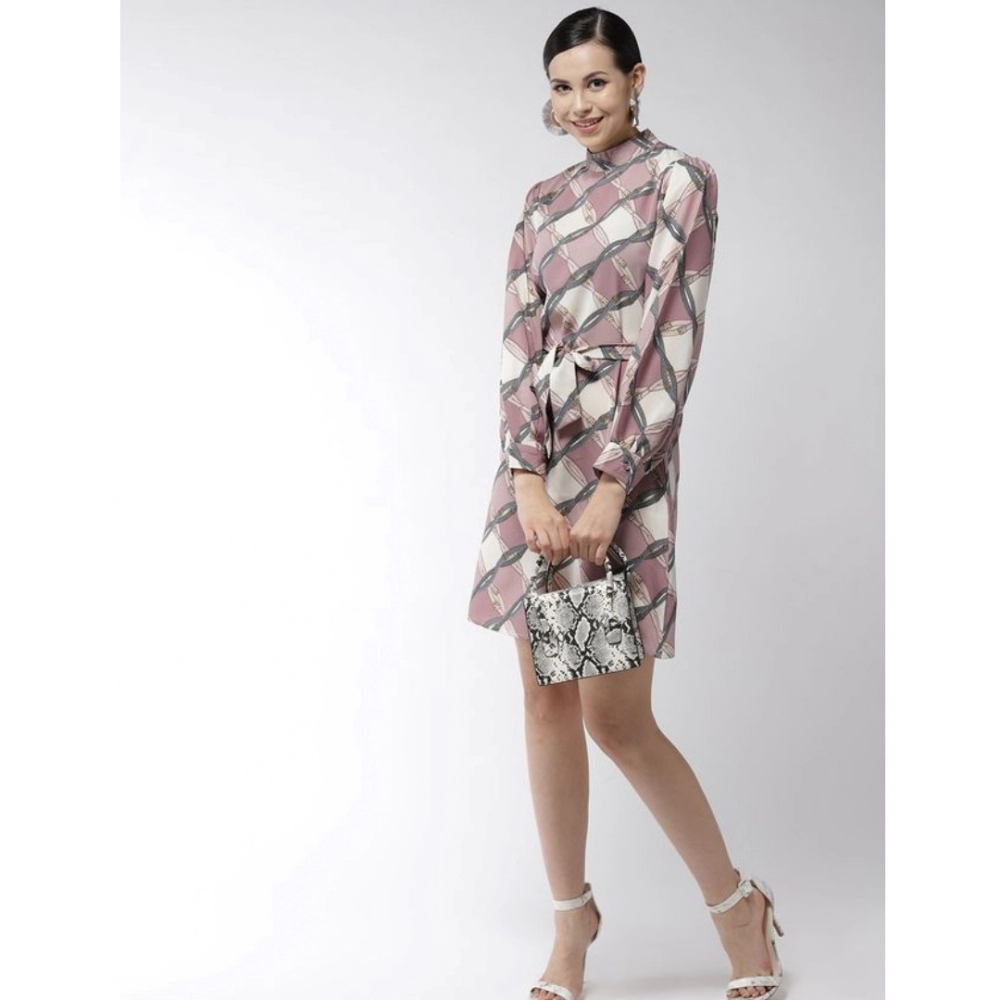 Polyester Checkered Long Sleeves Above Knee Dress (Off White - Lavender) - Image 5