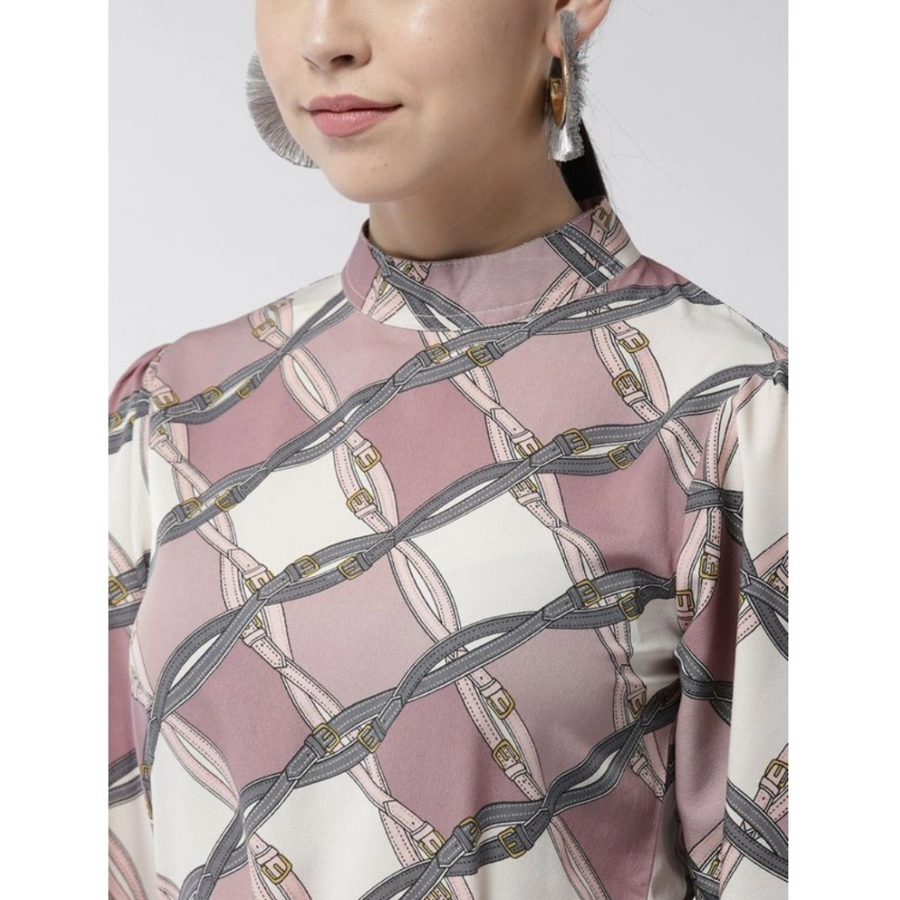 Polyester Checkered Long Sleeves Above Knee Dress (Off White - Lavender) - Image 2