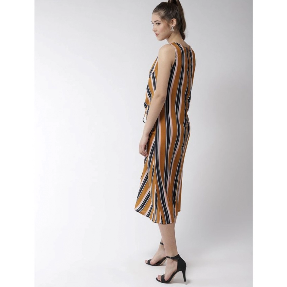 Polyester Striped Sleeveless Below Knee Dress (Mustard) - Image 6