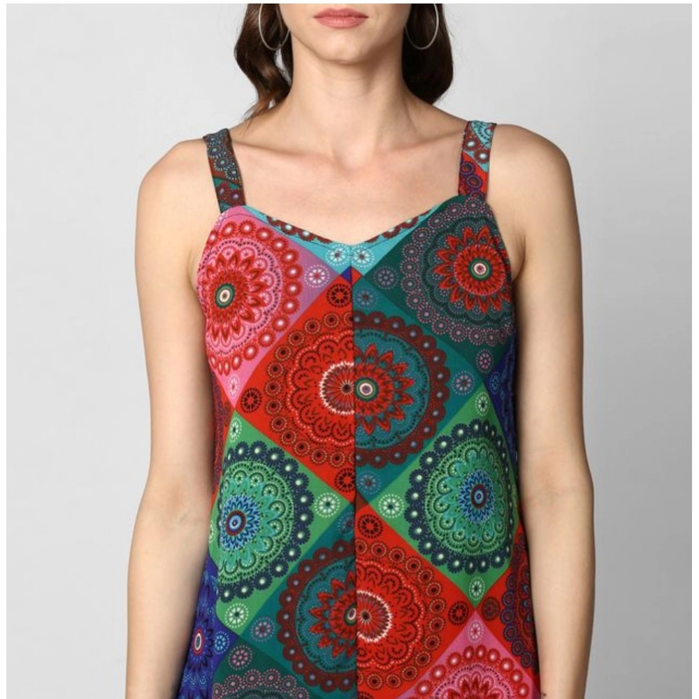 Polyester Asymmetrical Shoulder Straps Knee-Length Dress (Multicolor) - Image 2