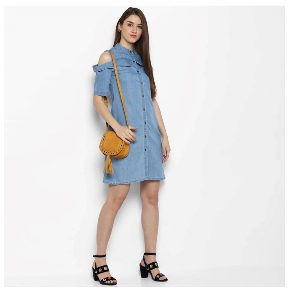 Denim Solid Cold Shoulder Above Knee Dress (Blue) - Image 6