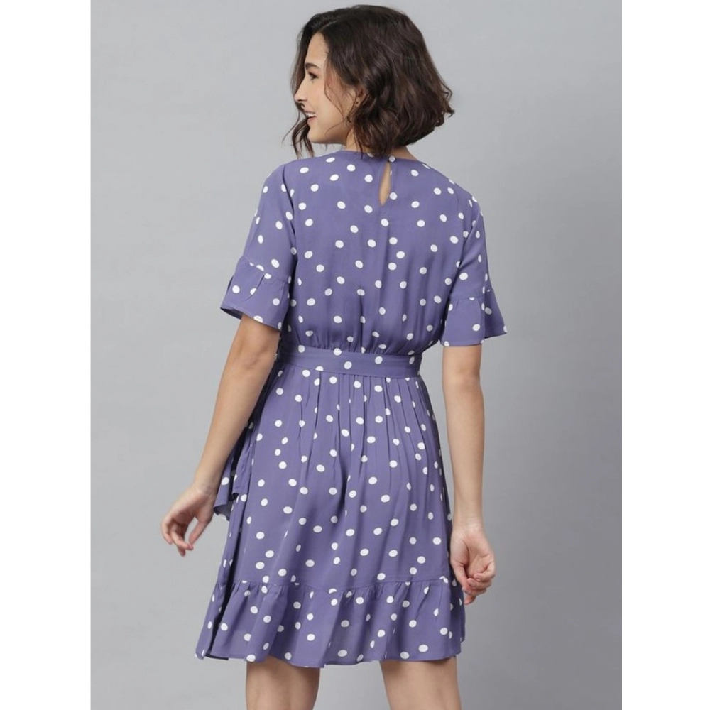 Polyester Polka Bell Sleeve Above Knee Dress (Lavender) - Image 6