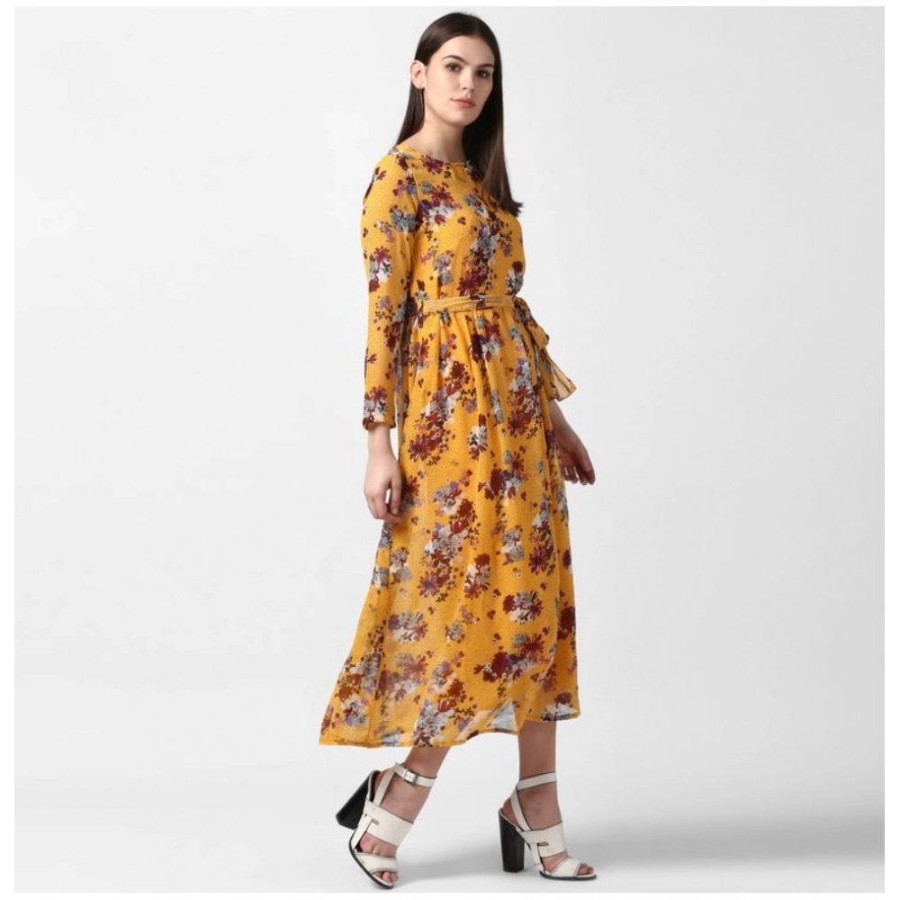 Polyester Floral Long Sleeves Calf-length Dress (Yellow) - Image 3