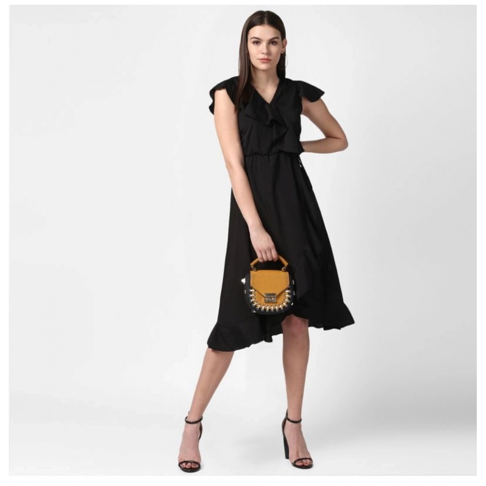 Polyester Ruffled Cap Sleeve Knee-Length Dress (Black) - Image 5