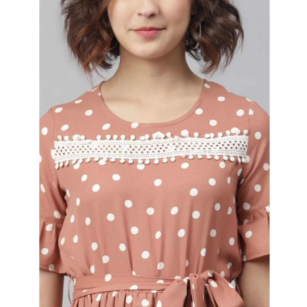 Polyester Polka Bell Sleeve Above Knee Dress (Brown) - Image 2