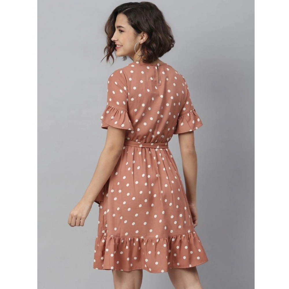 Polyester Polka Bell Sleeve Above Knee Dress (Brown) - Image 6
