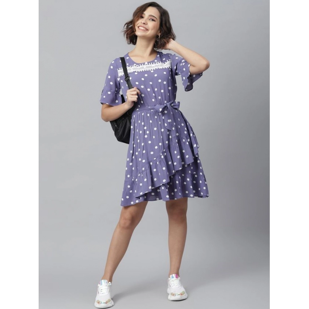 Polyester Polka Bell Sleeve Above Knee Dress (Lavender) - Image 5