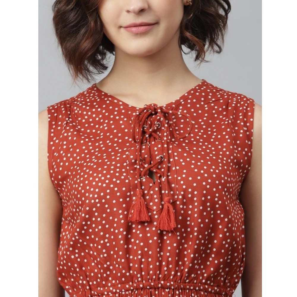 Rayon Polka Sleeveless Above Knee Dress (Rust) - Image 2
