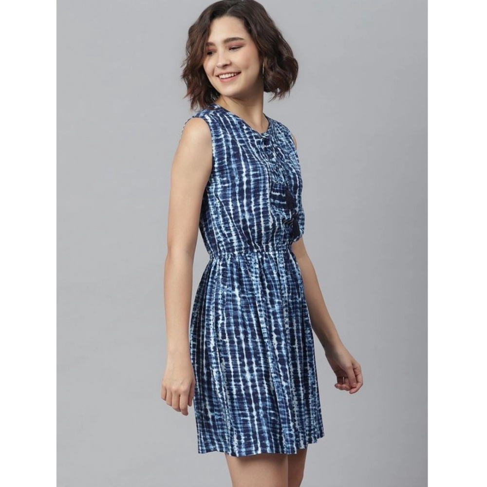 Rayon Tie & Dye Sleeveless Above Knee Dress (Blue) - Image 3