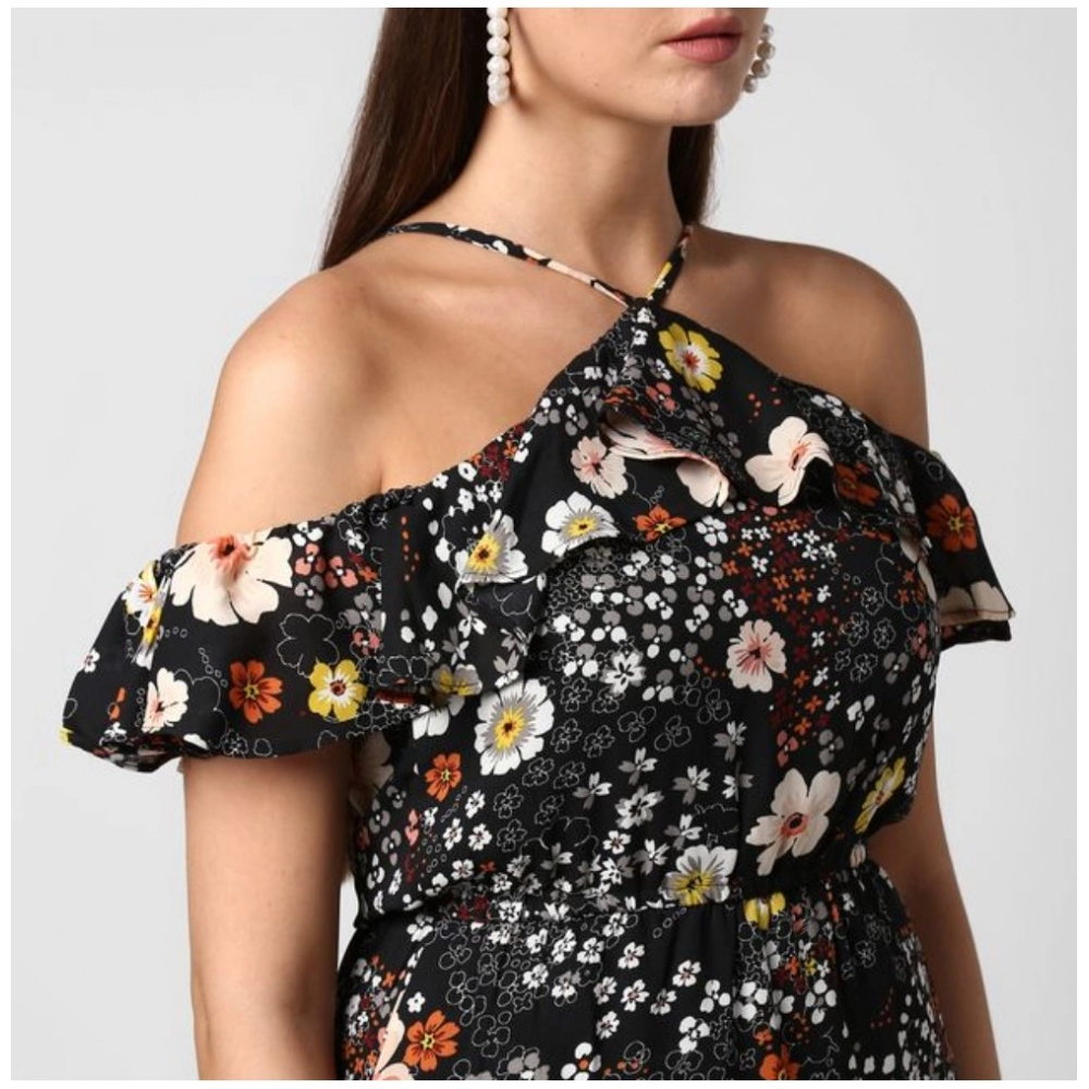 Polyester Floral Cold Shoulder Above Knee Dress (Black) - Image 2