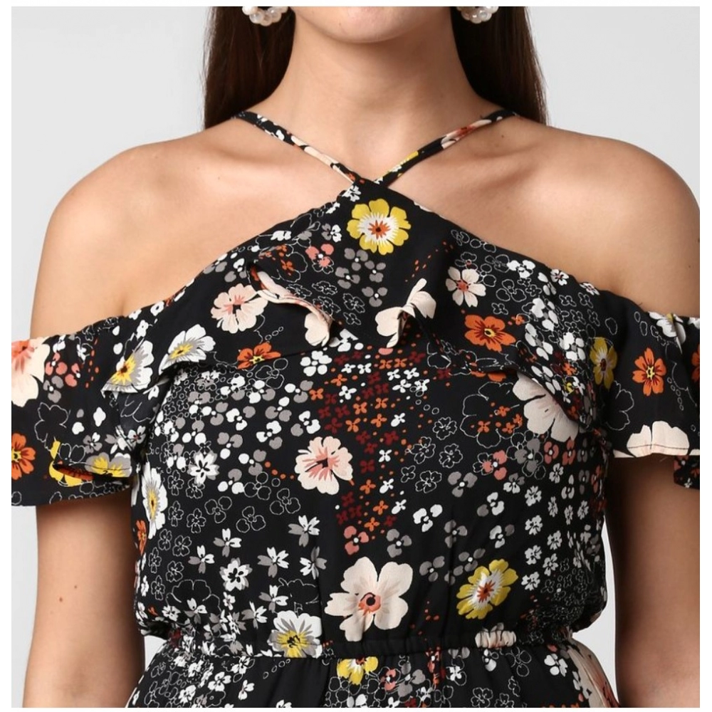 Polyester Floral Cold Shoulder Above Knee Dress (Black) - Image 3