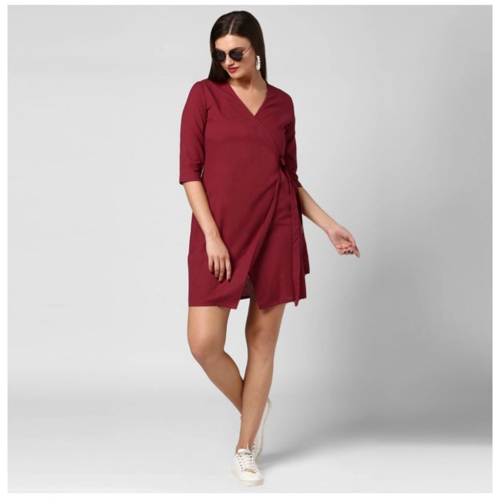 Cotton Solid 3-4th Sleeves Above Knee Dress (Maroon) - Image 5