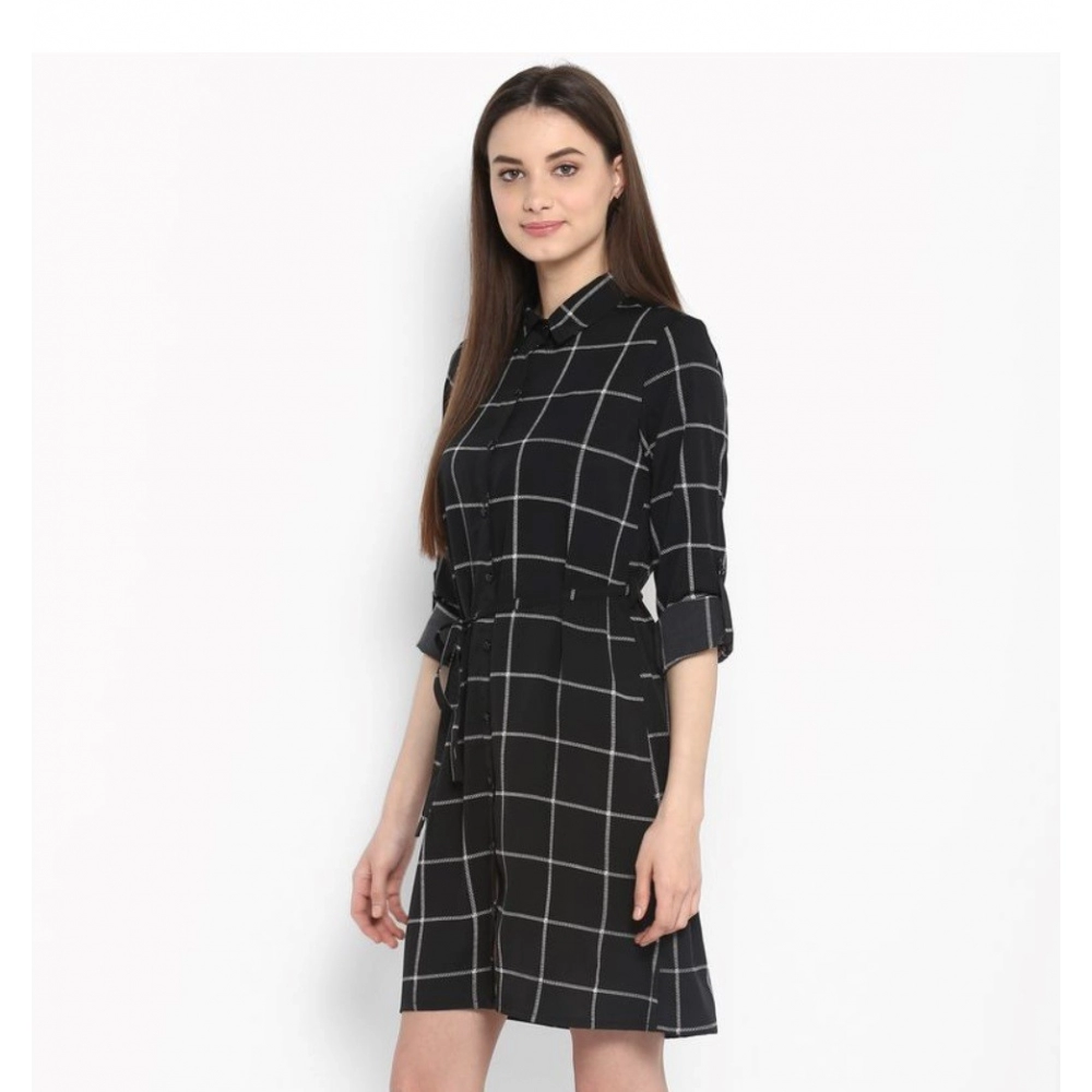 Polyester Checkered Roll Up Sleeve Above Knee Dress (Black - White) - Image 3