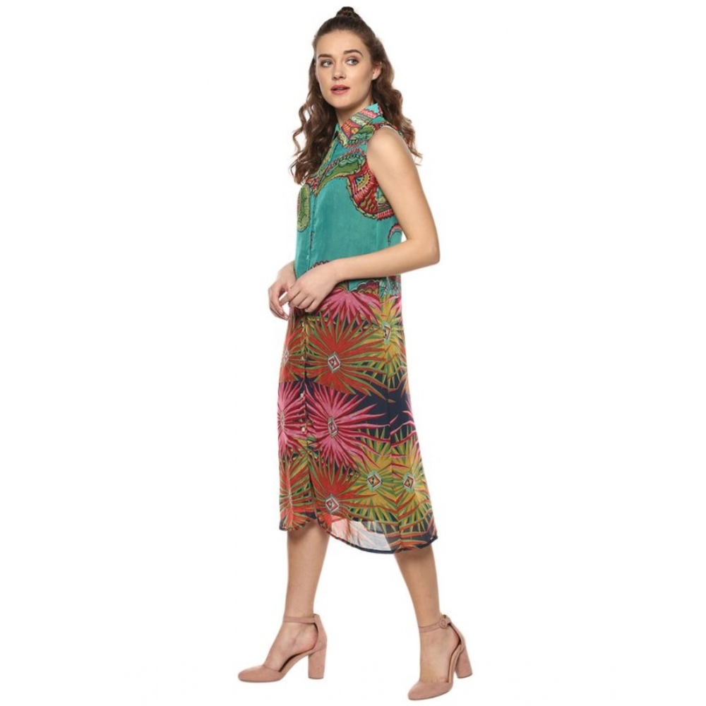 Polyester Floral Sleeveless Below Knee Dress (Multicolor) - Image 3