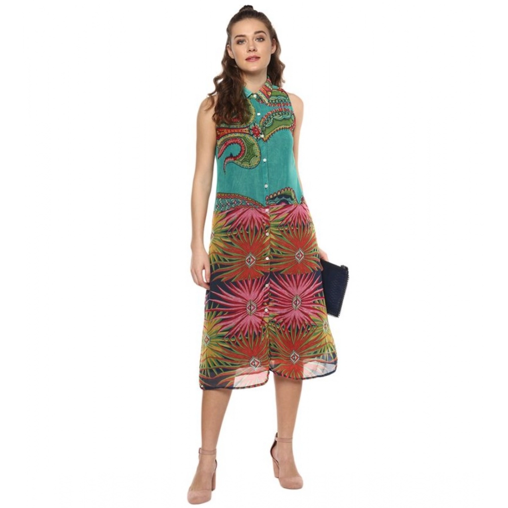 Polyester Floral Sleeveless Below Knee Dress (Multicolor) - Image 6