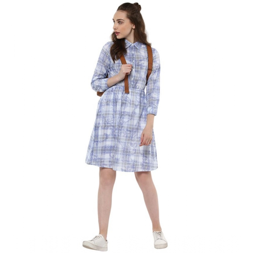 Cotton Checkered Roll Up Sleeve Above Knee Dress (Blue) - Image 6