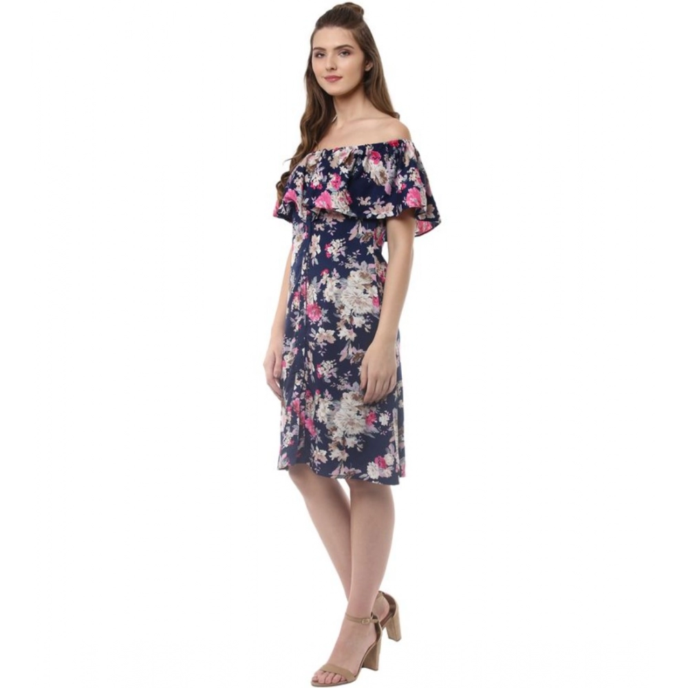 Polyester Crepe Floral Half Sleeve Above Knee Dress (Navy Blue) - Image 3