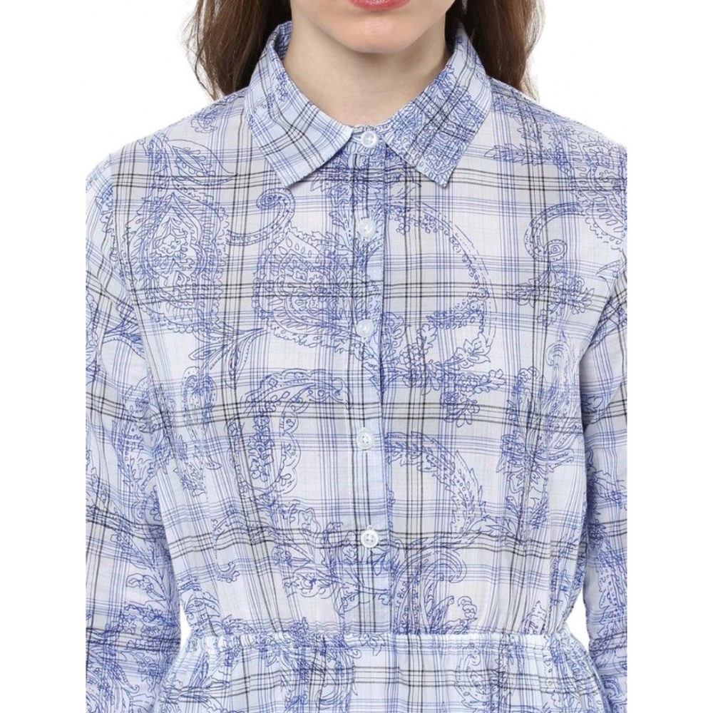 Cotton Checkered Roll Up Sleeve Above Knee Dress (Blue) - Image 2