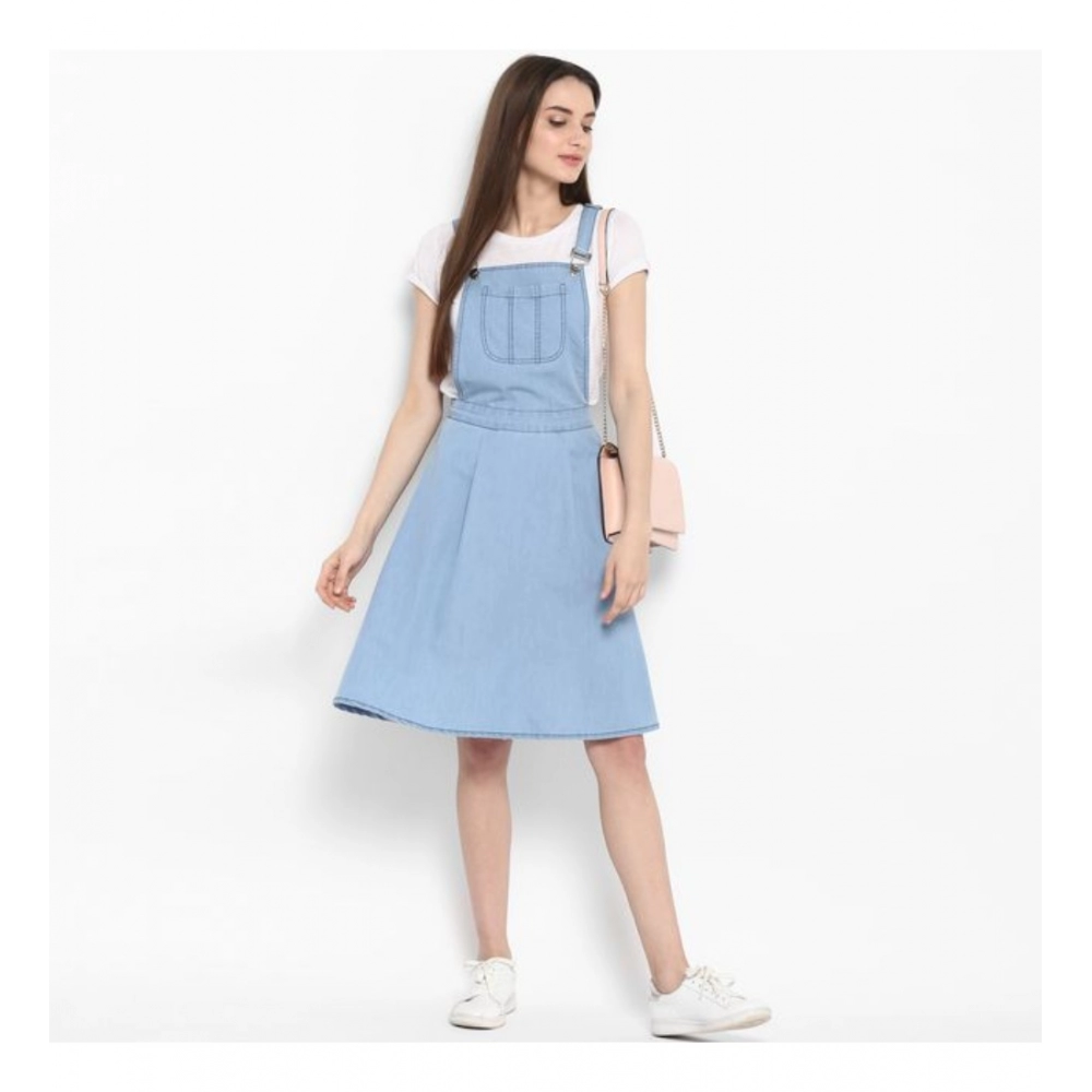 Denim Solid Sleeveless Above Knee Dress (Blue) - Image 6