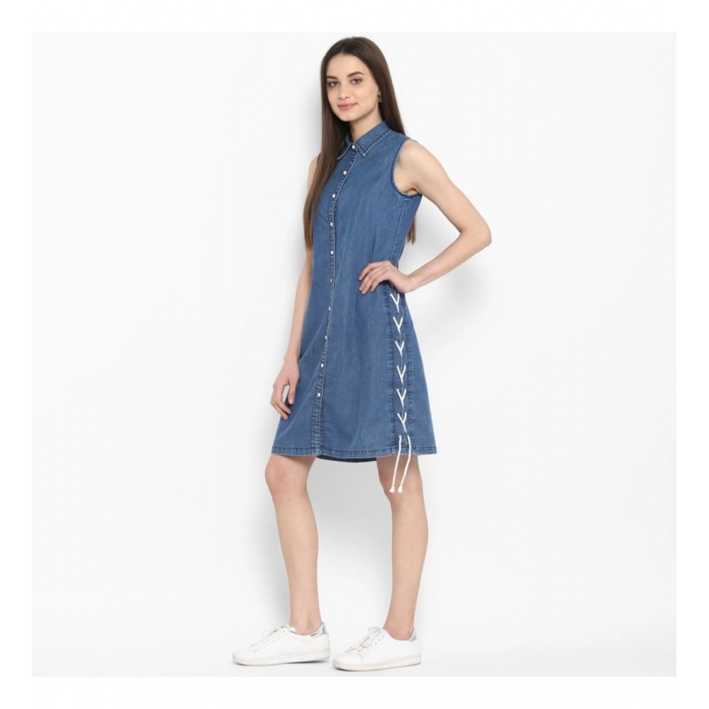 Denim Solid Sleeveless Above Knee Dress (Blue) - Image 3