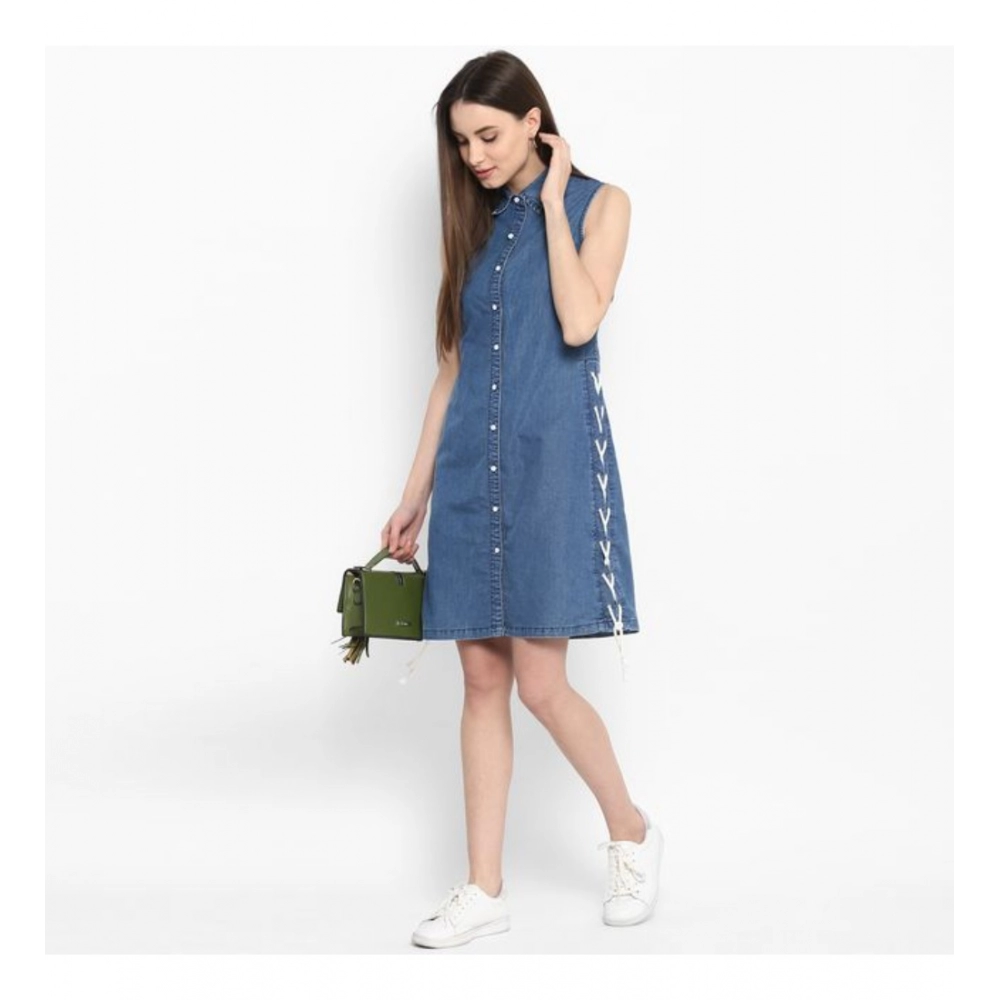 Denim Solid Sleeveless Above Knee Dress (Blue) - Image 6
