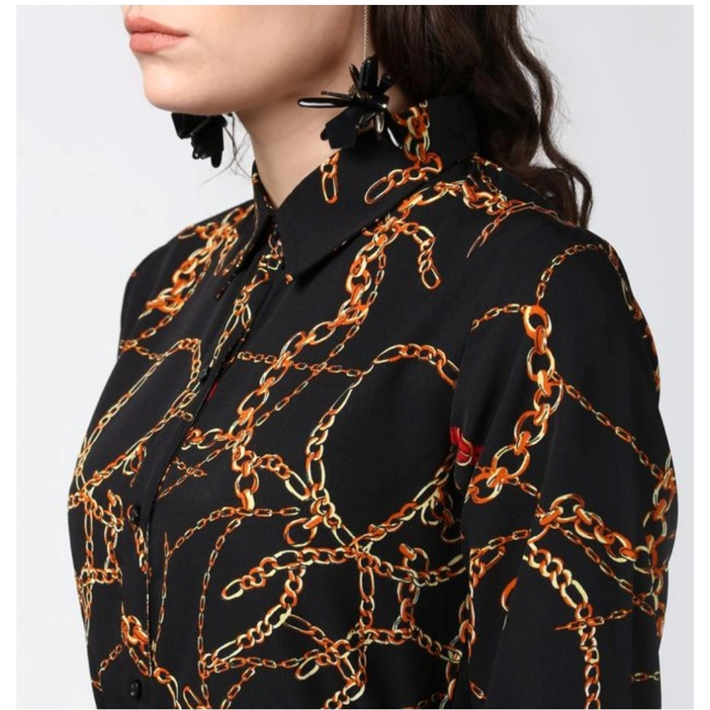 Polyester Chain Print Roll Up Sleeve Below Knee Dress (Black - Yellow) - Image 2