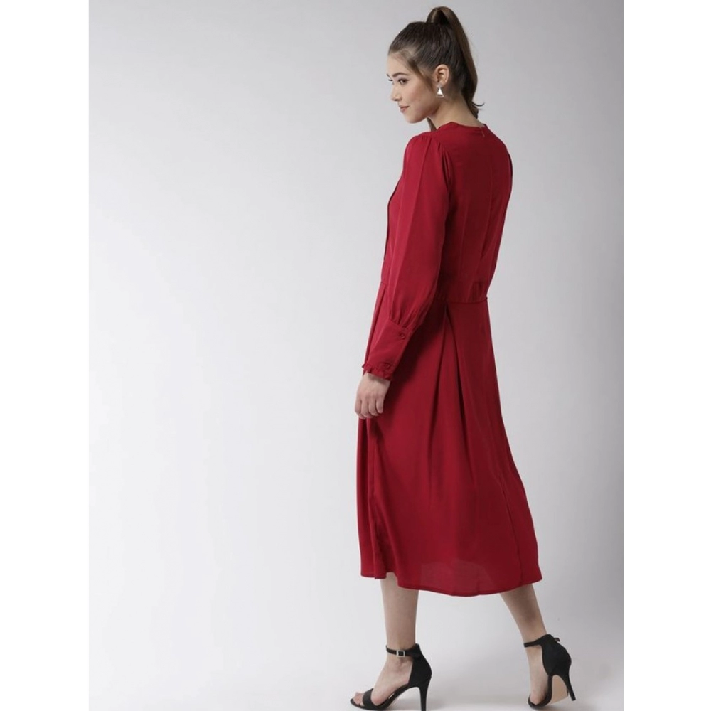 Polyester Pintuck Long Sleeves Below Knee Dress (Red) - Image 6