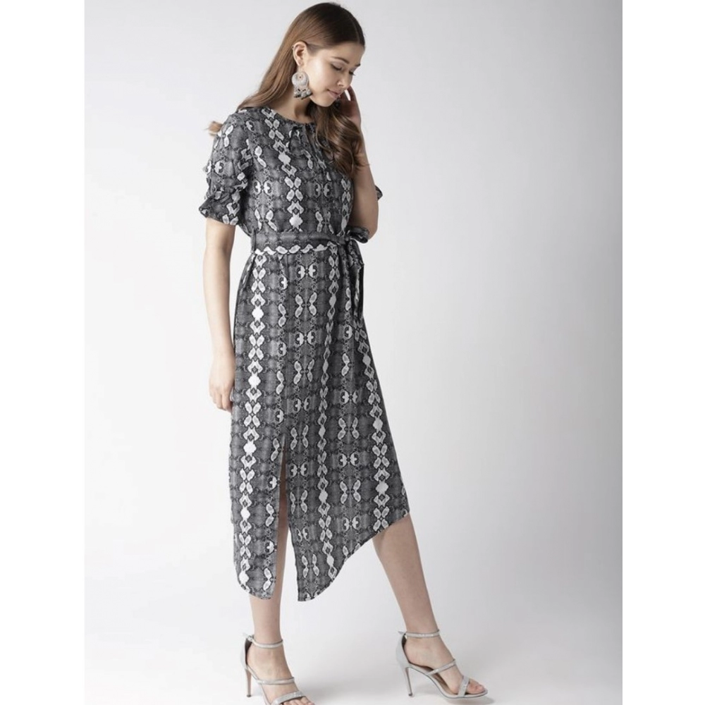 Polyester Animal Print Short Sleeve Knee-Length Dress (Black - White) - Image 4