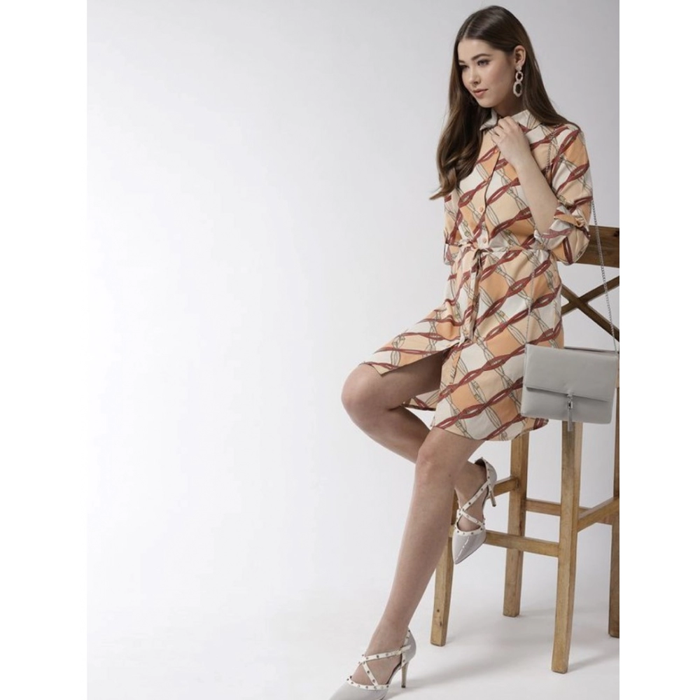 Polyester Printed Roll Up Sleeve Above Knee Dress (Off White - Brown) - Image 4