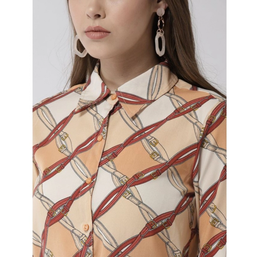 Polyester Printed Roll Up Sleeve Above Knee Dress (Off White - Brown) - Image 2