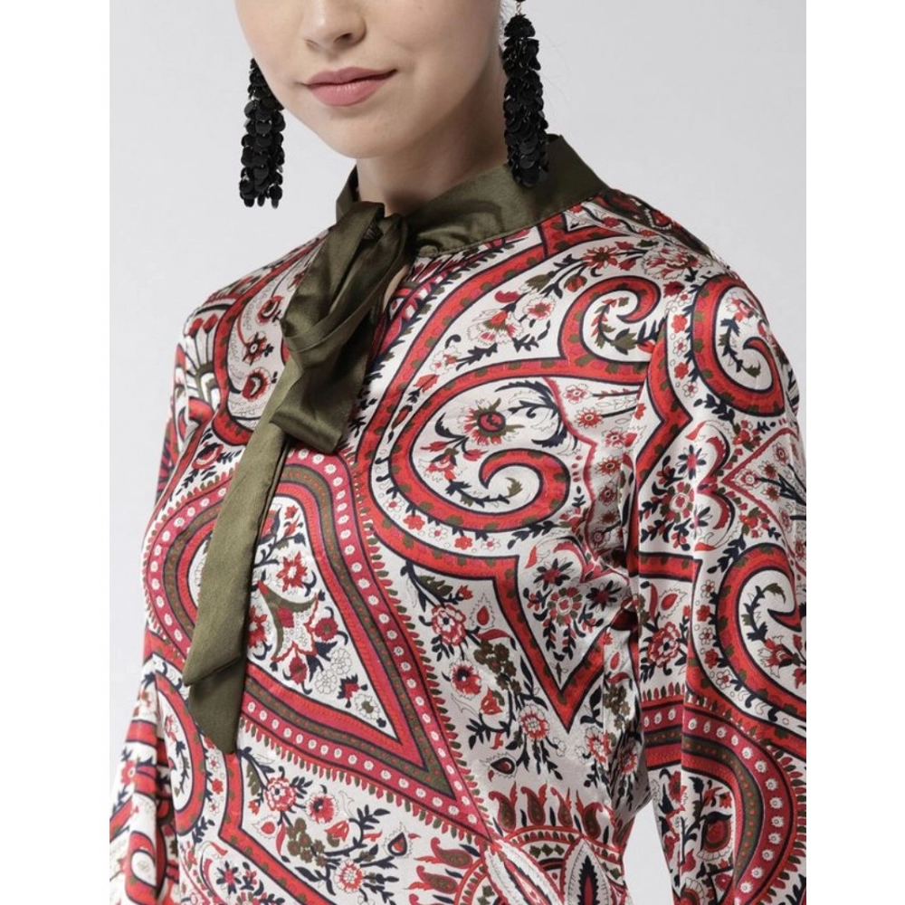 Polyester Printed Long Sleeves Above Knee Dress (Red) - Image 2