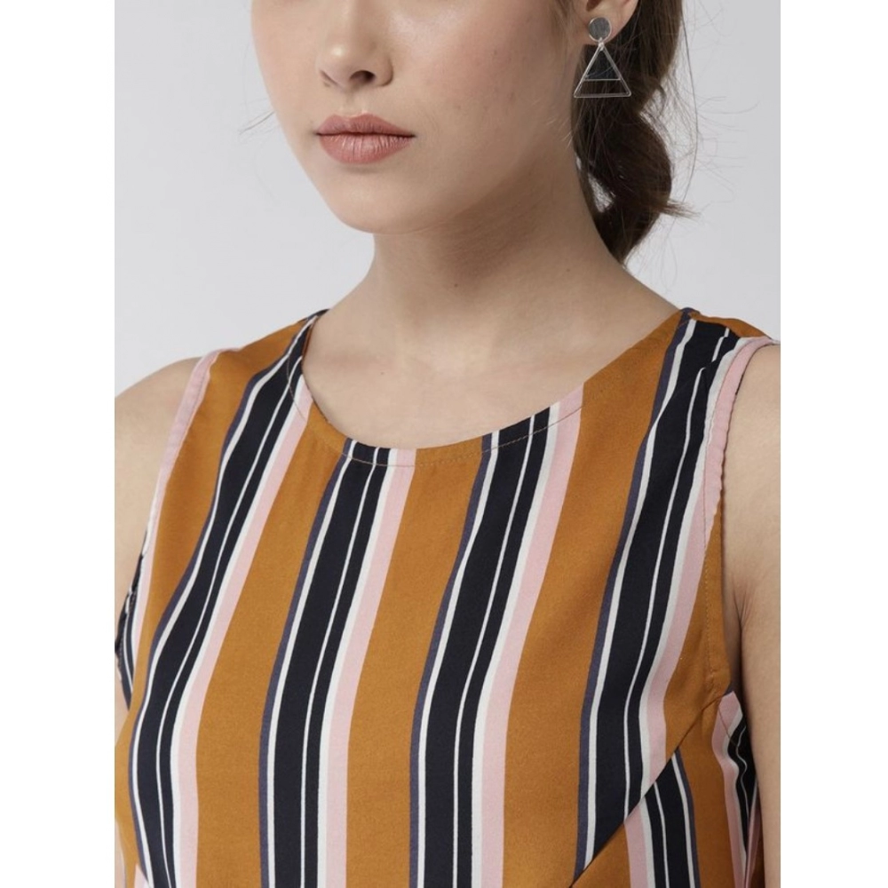 Polyester Striped Sleeveless Below Knee Dress (Mustard) - Image 2
