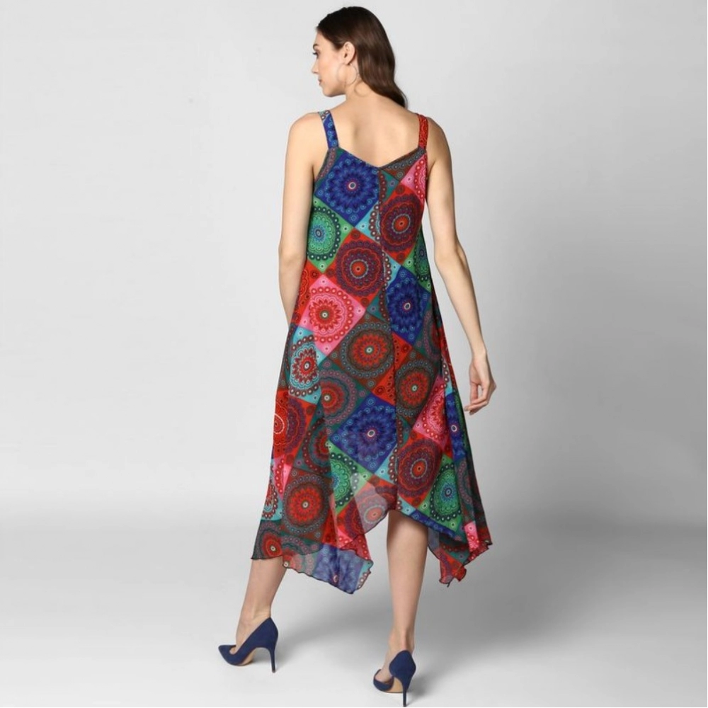 Polyester Asymmetrical Shoulder Straps Knee-Length Dress (Multicolor) - Image 7