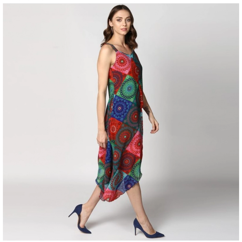 Polyester Asymmetrical Shoulder Straps Knee-Length Dress (Multicolor) - Image 4