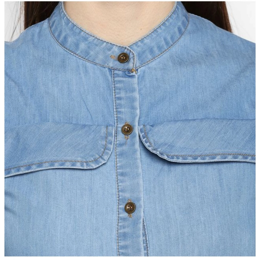 Denim Solid Cold Shoulder Above Knee Dress (Blue) - Image 2
