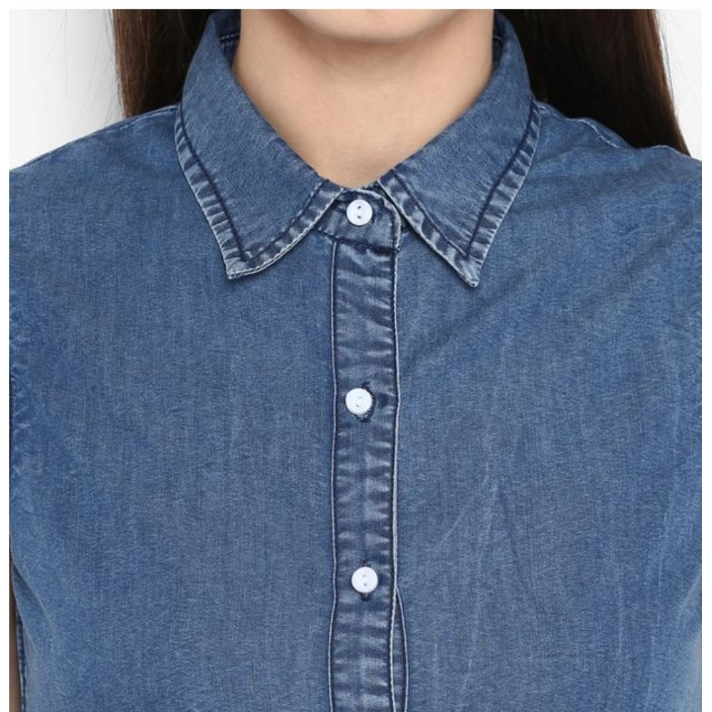 Denim Solid Sleeveless Above Knee Dress (Blue) - Image 2