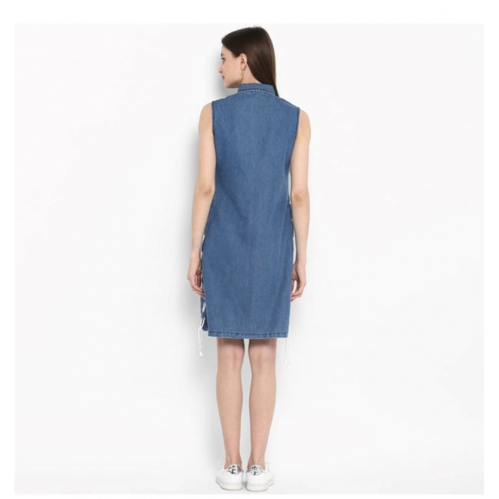 Denim Solid Sleeveless Above Knee Dress (Blue) - Image 7