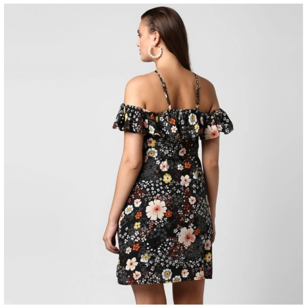Polyester Floral Cold Shoulder Above Knee Dress (Black) - Image 7