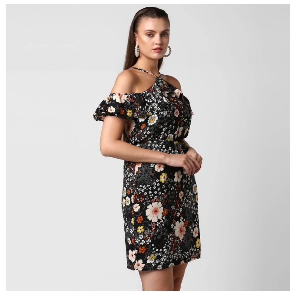 Polyester Floral Cold Shoulder Above Knee Dress (Black) - Image 4