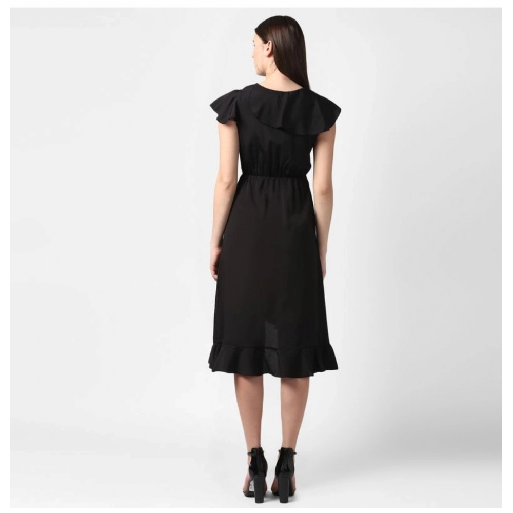Polyester Ruffled Cap Sleeve Knee-Length Dress (Black) - Image 6